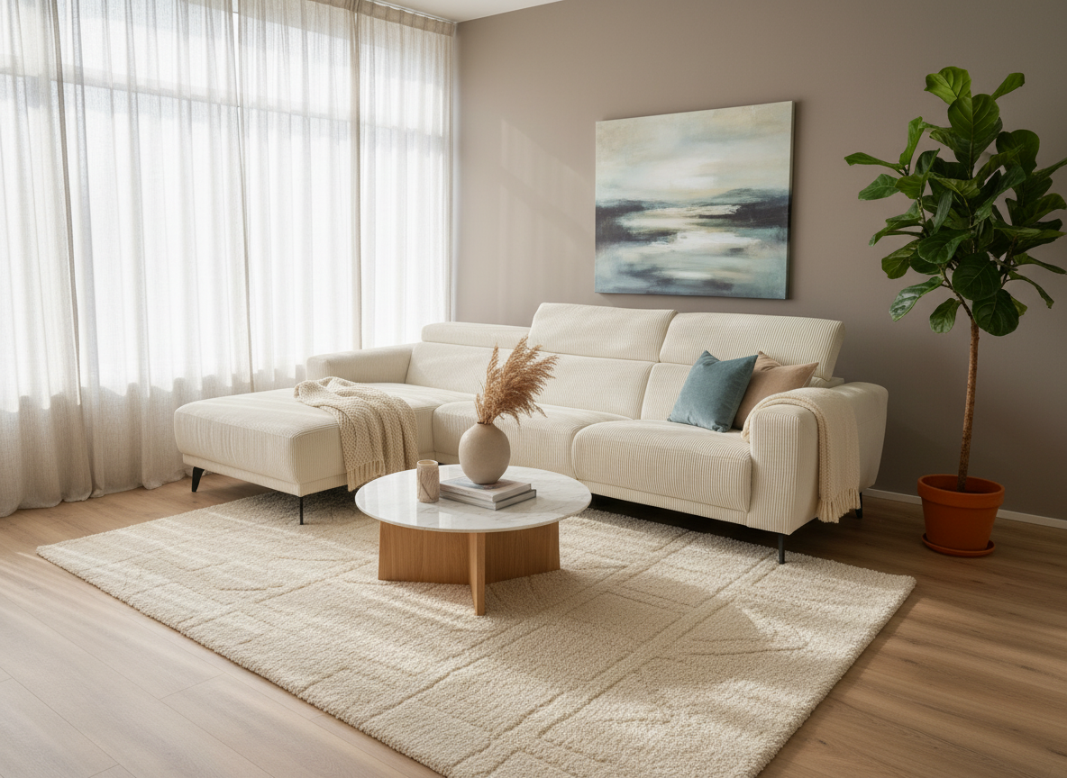 SW-CREME-RIBCORD-CHAISE_lifestyle Crème Ribcord Hoekbank met Chaise Longue - Image 1