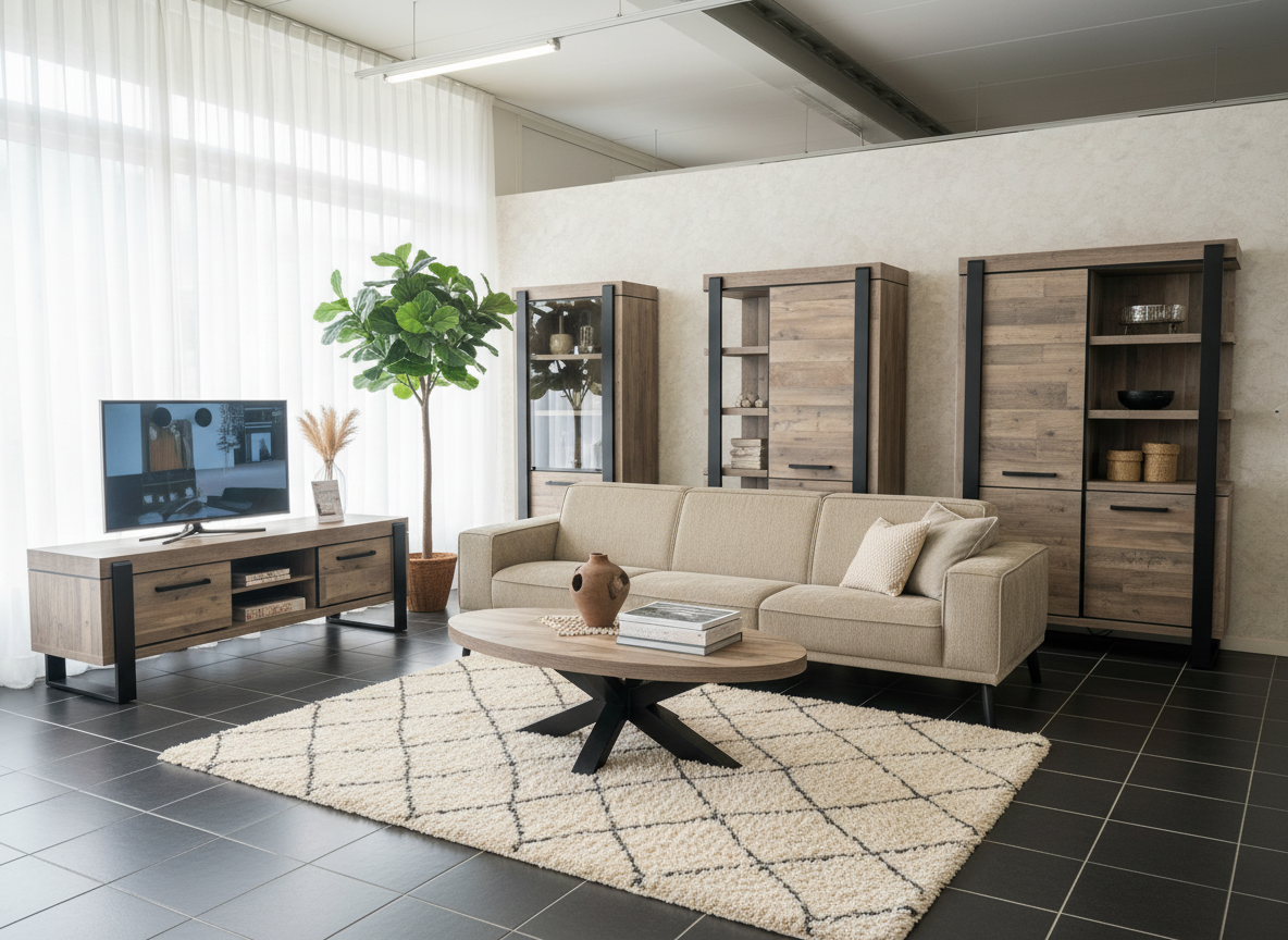 SW-INDUSTRIEEL-TV-SET_lifestyle Industriële TV-meubel Set (Kast + TV-meubel) - Image 1