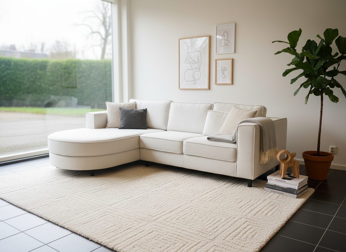 SW-WIT-CURVED-CHAISE_lifestyle Witte Bouclé Bank met Ronde Chaise Longue - Image 1